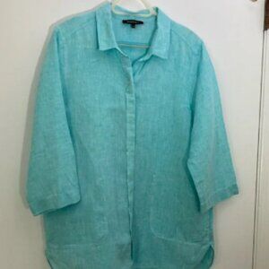 Lafayette 148 New York Aqua Linen Button front Blouse with Pockets Size Large